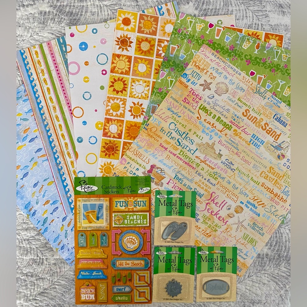 ☀️ FLAIR DESIGNS “SUN & SAND” STICKERS & SCRAPBOOK PAPER BUNDLE! RETIRED DESIGN!